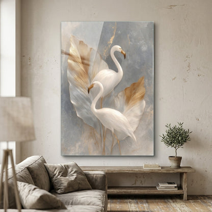 Modern Altın Detaylı Beyaz Flamingo Dikey Cam Tablo