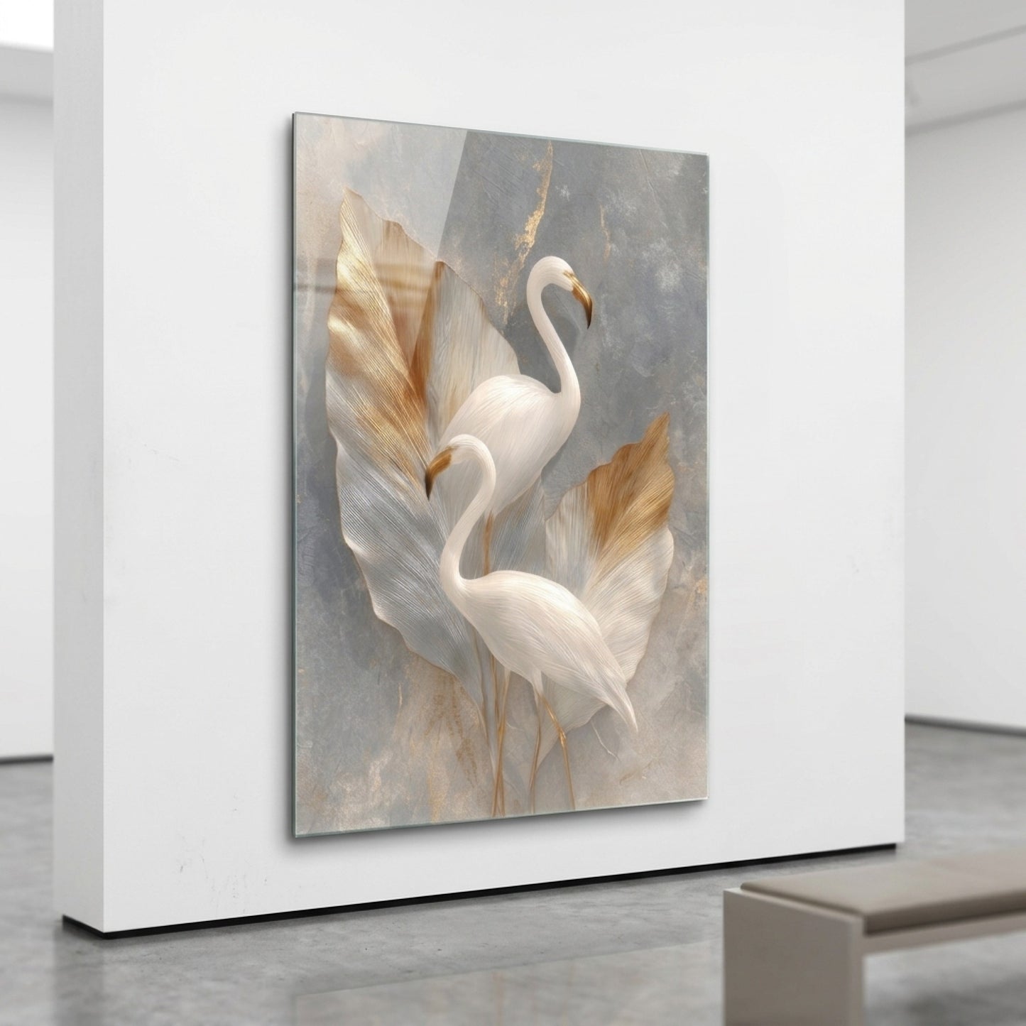 Modern Altın Detaylı Beyaz Flamingo Dikey Cam Tablo