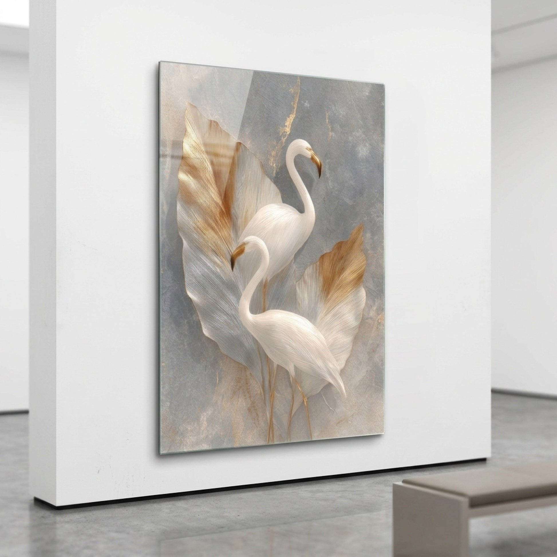 Modern Altın Detaylı Beyaz Flamingo Dikey Cam Tablo