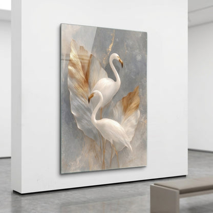 Modern Altın Detaylı Beyaz Flamingo Dikey Cam Tablo