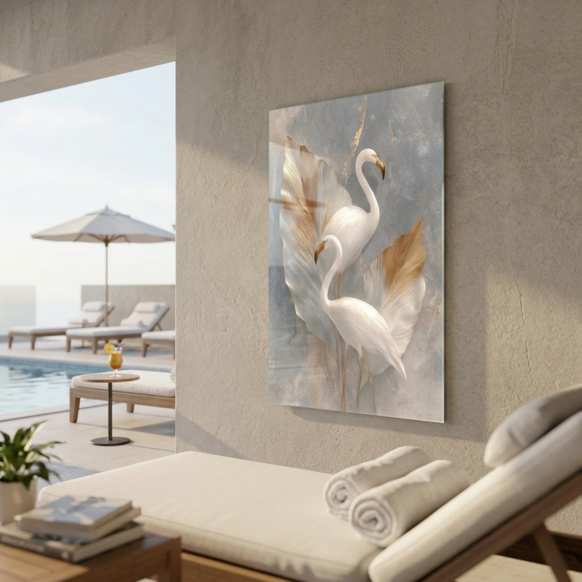Modern Altın Detaylı Beyaz Flamingo Dikey Cam Tablo