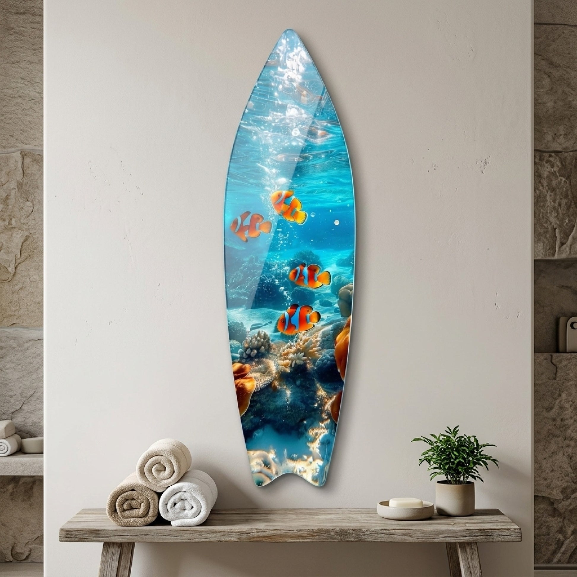 Okyanus Esintisi Palyaco Baliklari Mercan Resifi Surf Board Cam Tablo