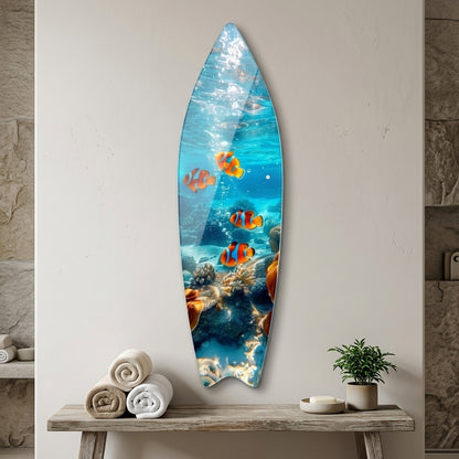 Okyanus Esintisi Palyaco Baliklari Mercan Resifi Surf Board Cam Tablo