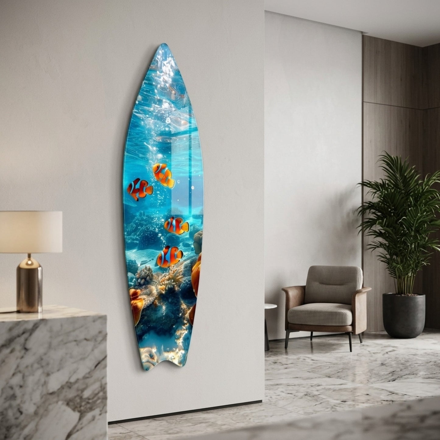 Okyanus Esintisi Palyaco Baliklari Mercan Resifi Surf Board Cam Tablo