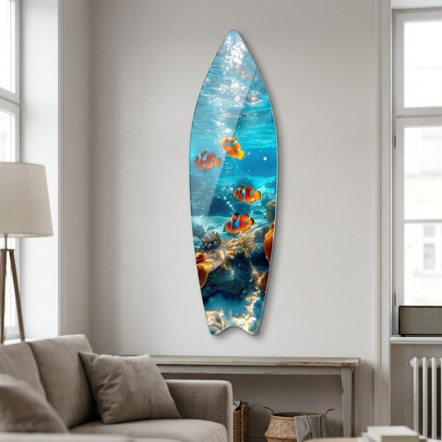 Okyanus Esintisi Palyaco Baliklari Mercan Resifi Surf Board Cam Tablo