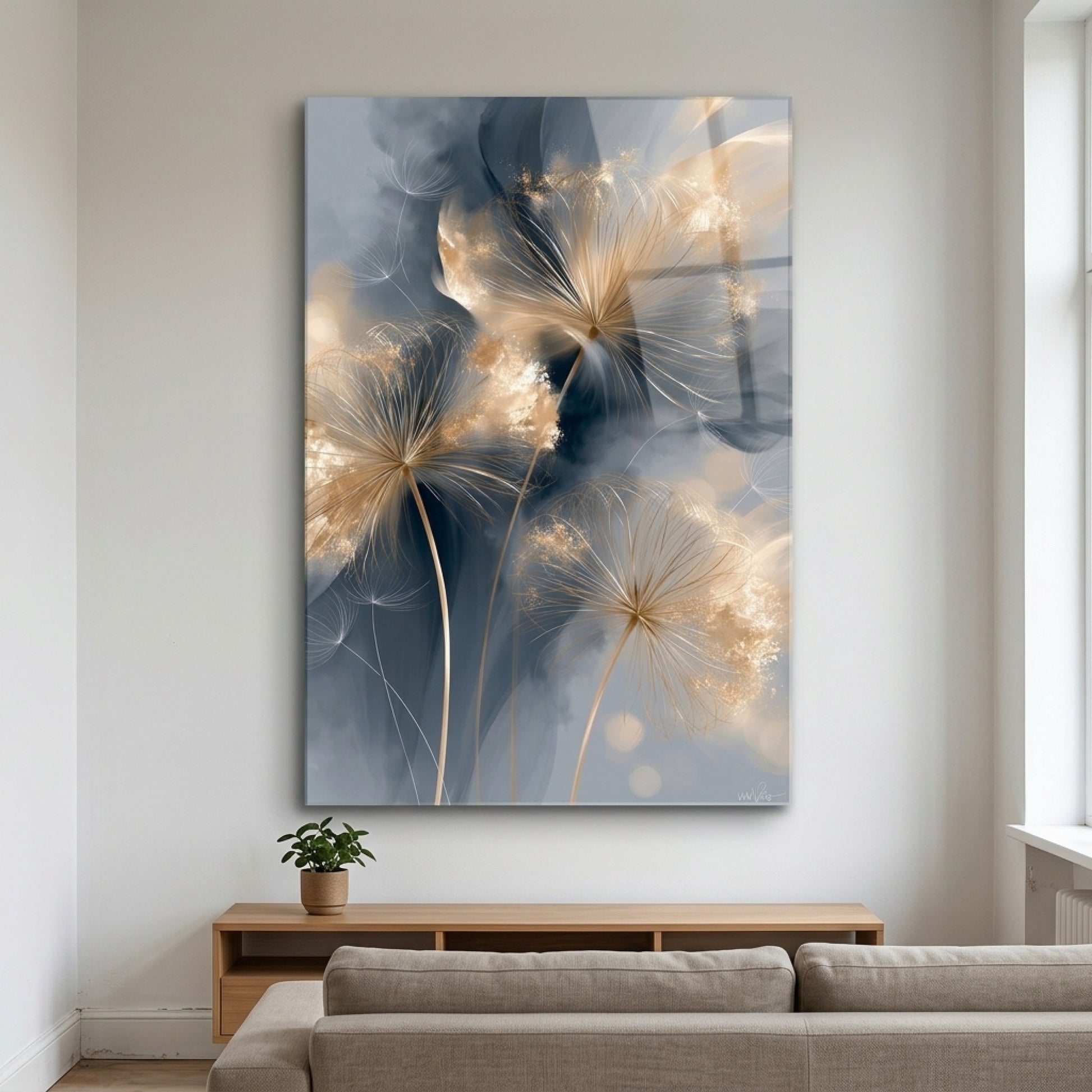 Modern Altın Karahindiba Soyut Sanat Dikey Cam Tablo