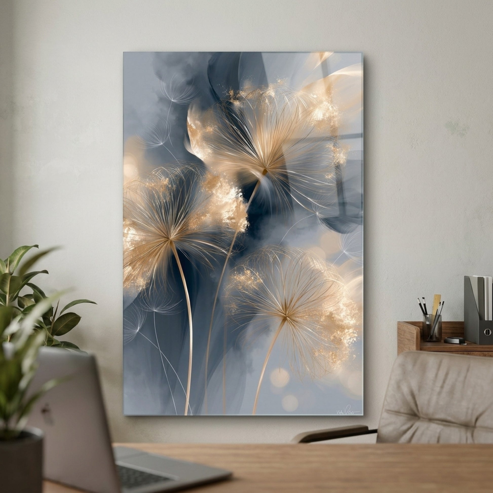 Modern Altın Karahindiba Soyut Sanat Dikey Cam Tablo