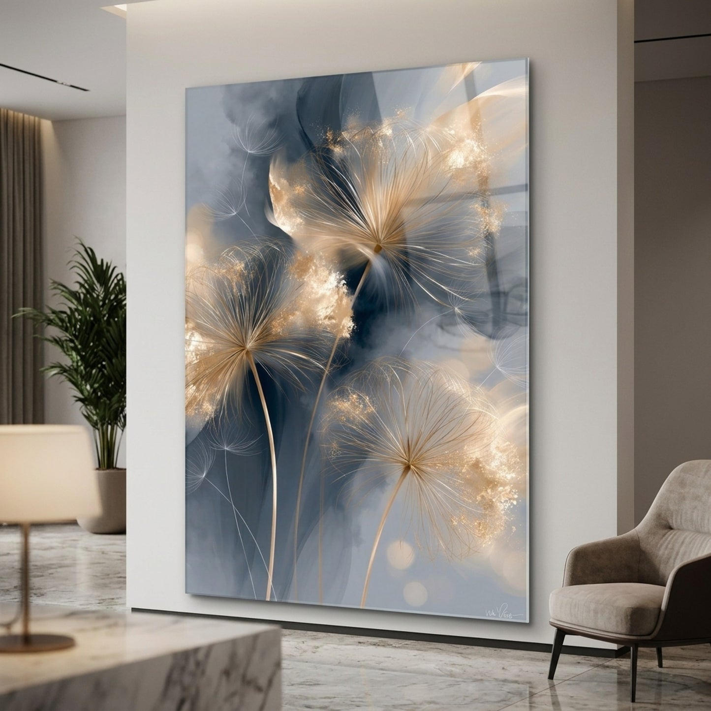 Modern Altın Karahindiba Soyut Sanat Dikey Cam Tablo