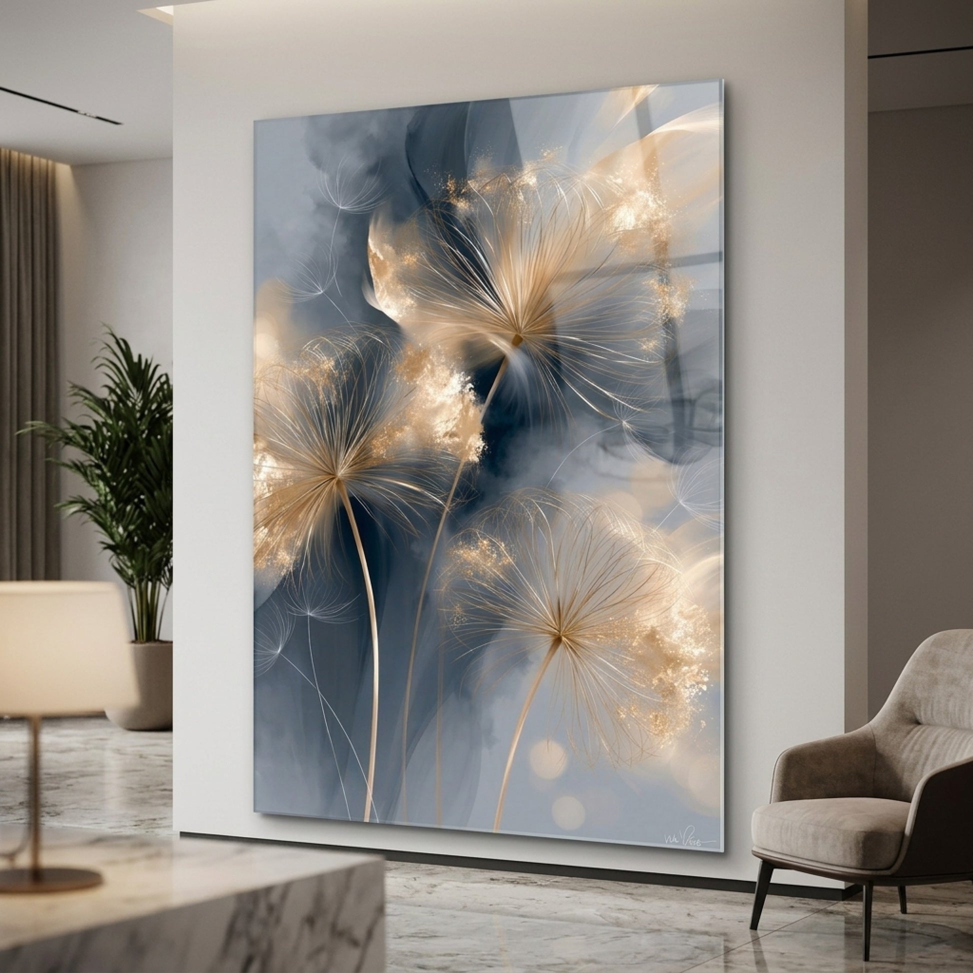 Modern Altın Karahindiba Soyut Sanat Dikey Cam Tablo