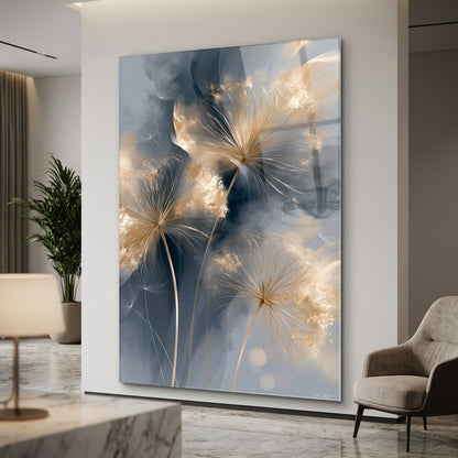 Modern Altın Karahindiba Soyut Sanat Dikey Cam Tablo