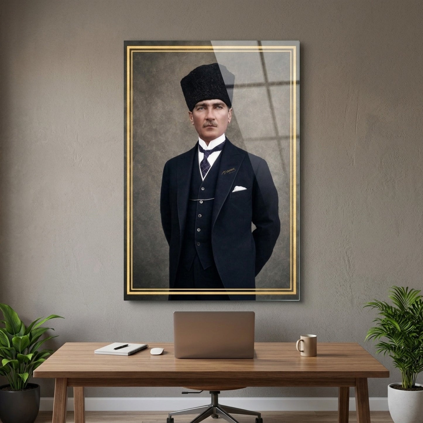 Kalpaklı Mustafa Kemal Atatürk Portresi Dikey Cam Tablo