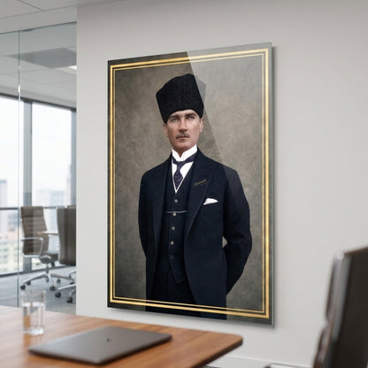 Kalpaklı Mustafa Kemal Atatürk Portresi Dikey Cam Tablo