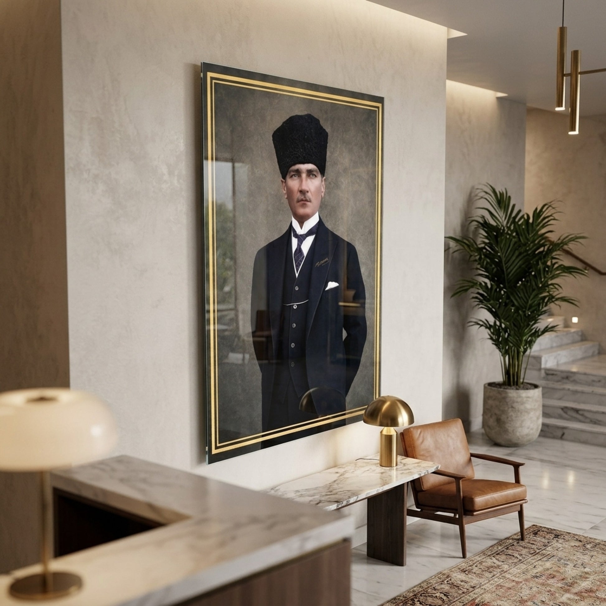Kalpaklı Mustafa Kemal Atatürk Portresi Dikey Cam Tablo