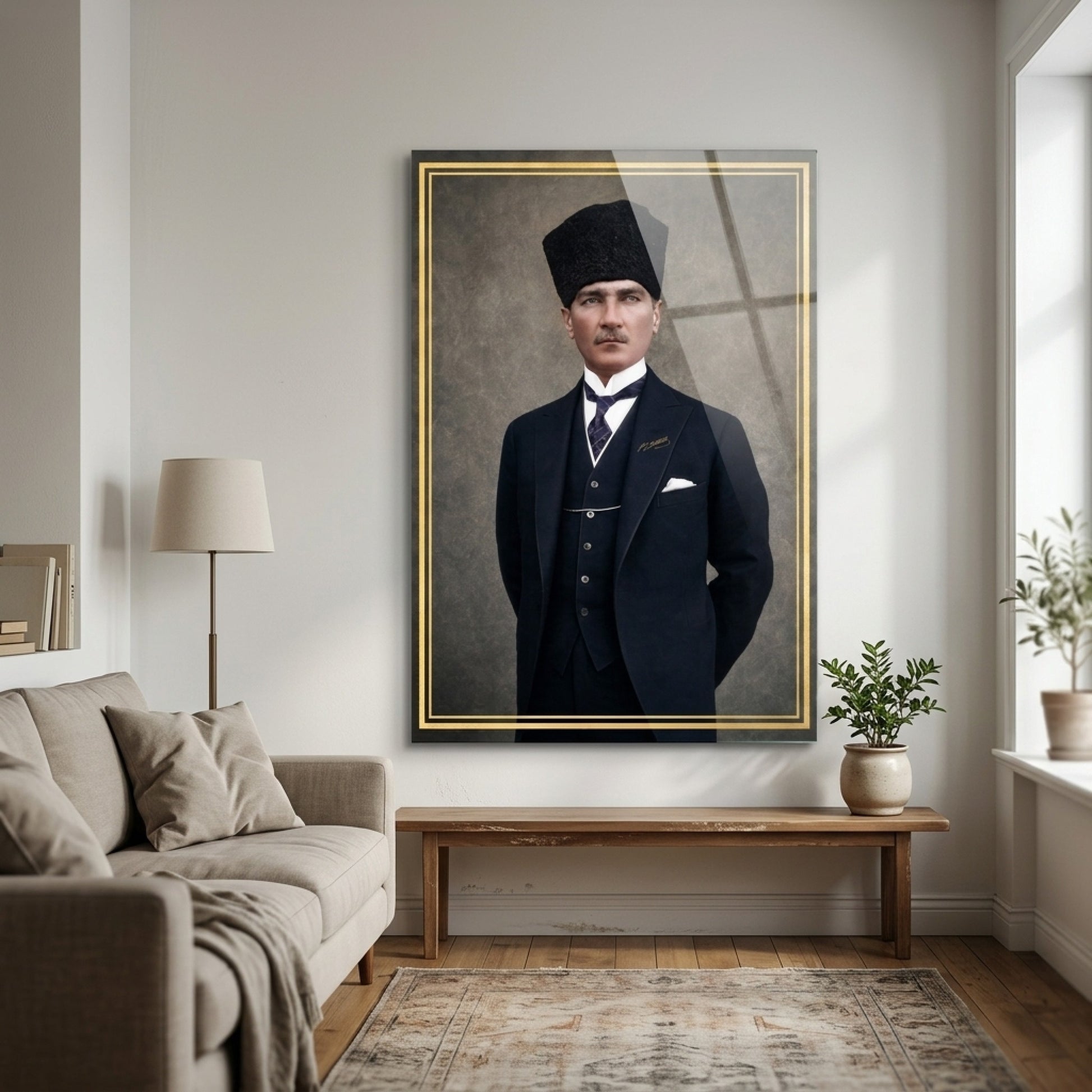 Kalpaklı Mustafa Kemal Atatürk Portresi Dikey Cam Tablo