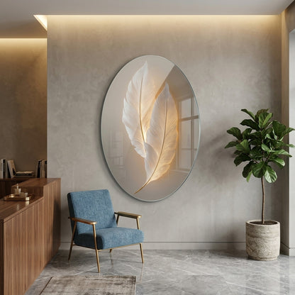 Modern Işıklı Altın Detaylı Beyaz Tüyler Oval Dikey Cam Tablo