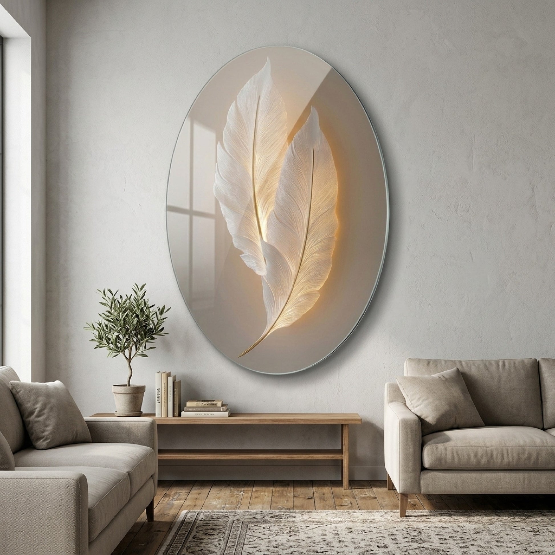 Modern Işıklı Altın Detaylı Beyaz Tüyler Oval Dikey Cam Tablo