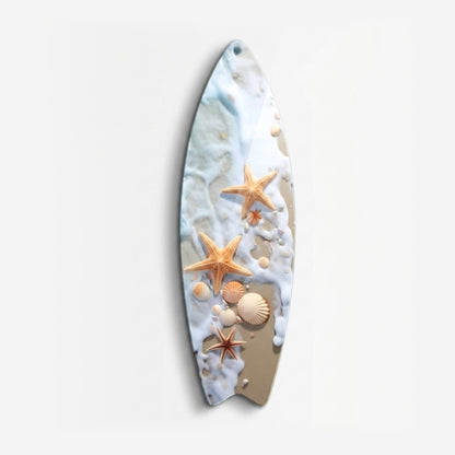 Kumsalda Deniz Yıldızları ve Kabuklar Surf Board Cam Tablo