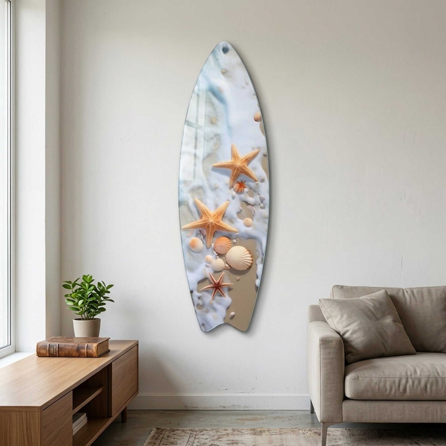 Kumsalda Deniz Yıldızları ve Kabuklar Surf Board Cam Tablo