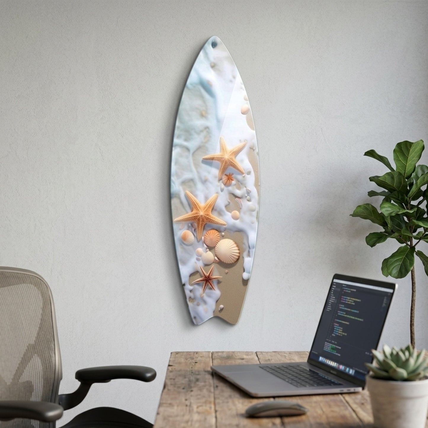 Kumsalda Deniz Yıldızları ve Kabuklar Surf Board Cam Tablo