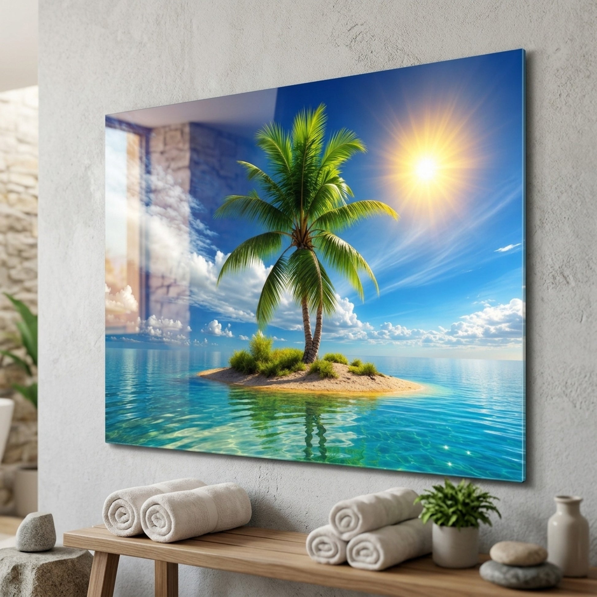 Tropik Palmiye Adası Deniz Manzarası Yatay Cam Tablo