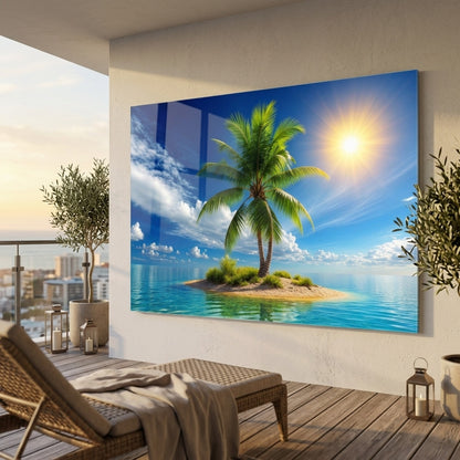 Tropik Palmiye Adası Deniz Manzarası Yatay Cam Tablo