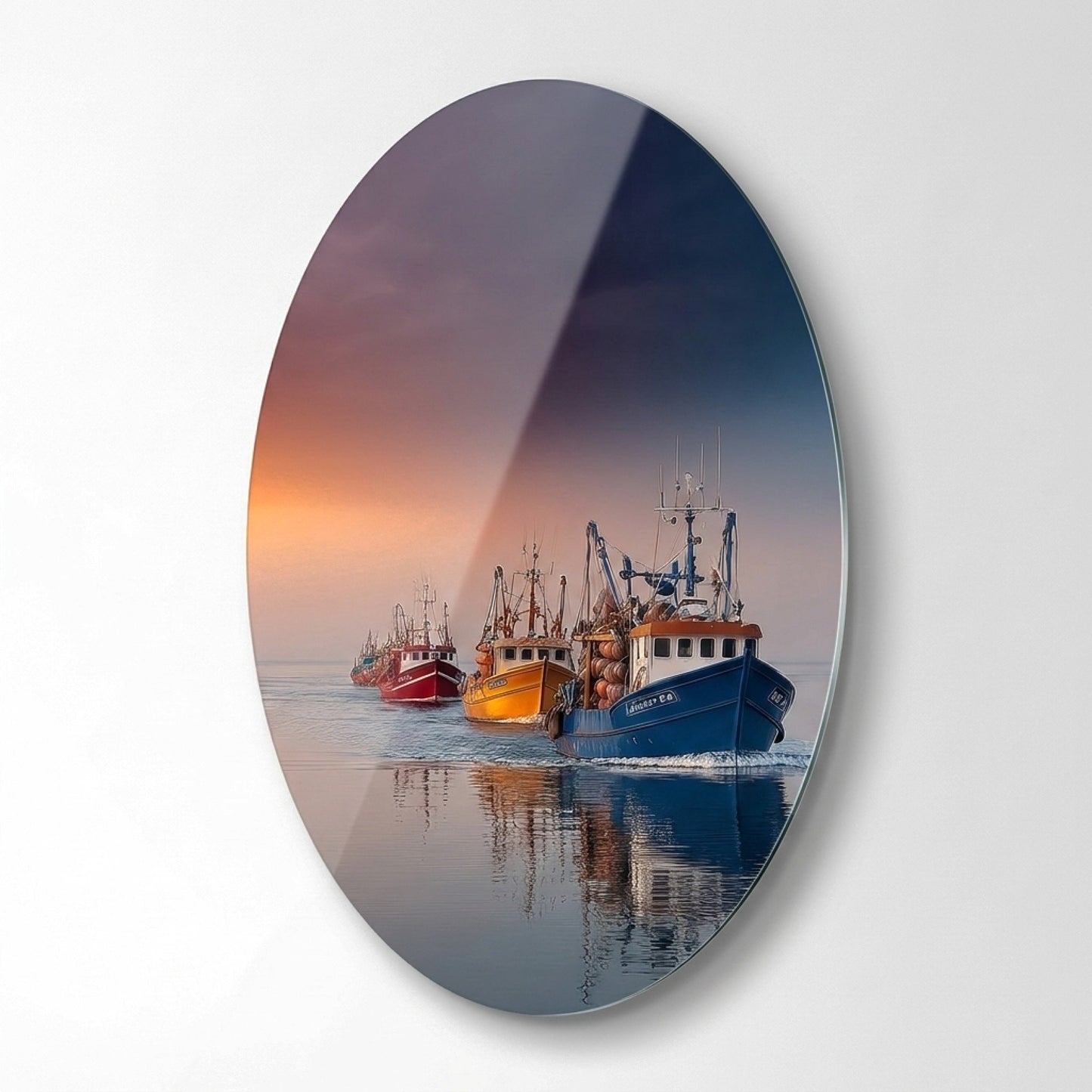 Gün Batımı Balıkçı Tekneleri Oval Oval Dikey Cam Tablo