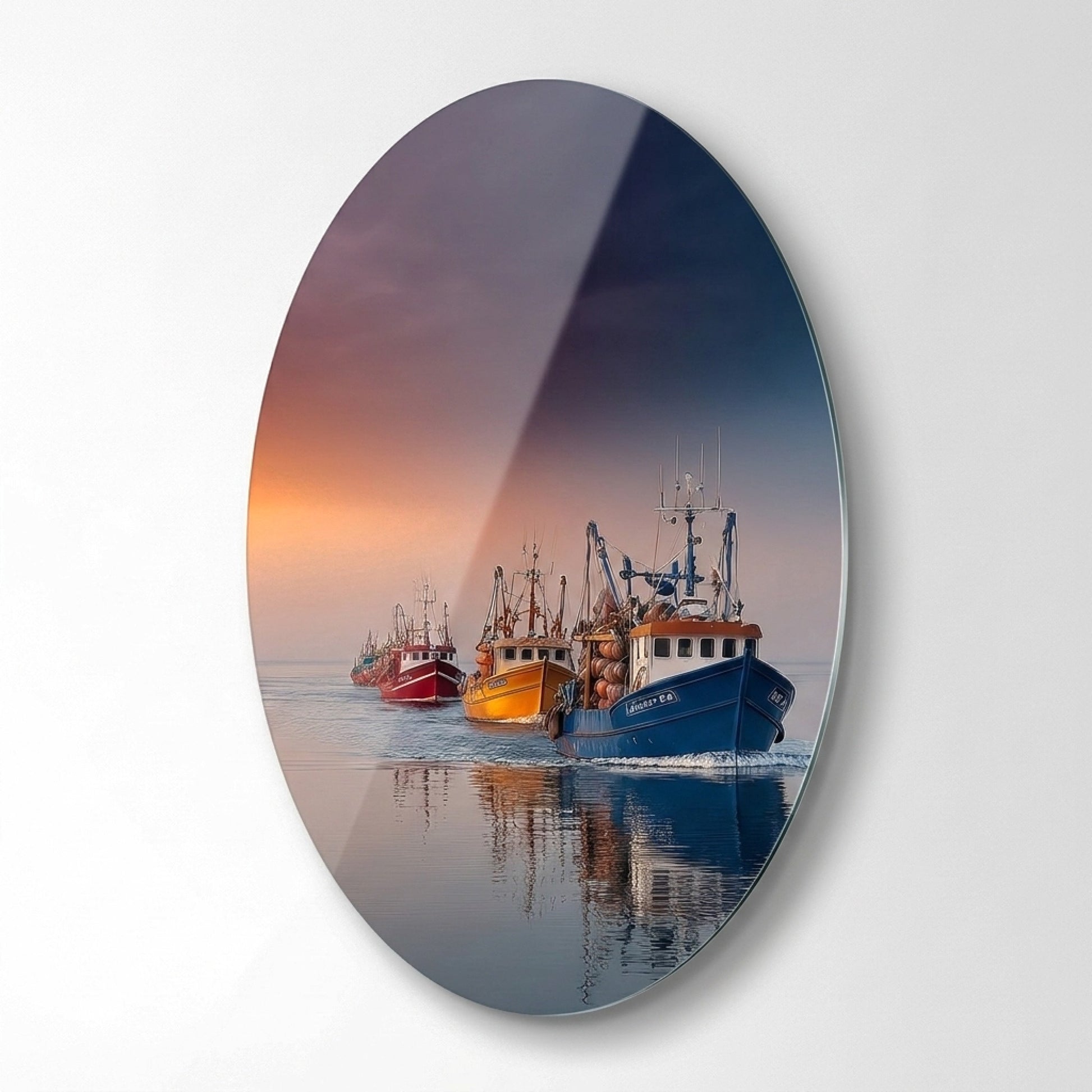 Gün Batımı Balıkçı Tekneleri Oval Oval Dikey Cam Tablo