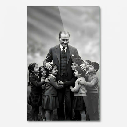 Atatürk ve Sarılan Çocuklar Dikey Cam Tablo