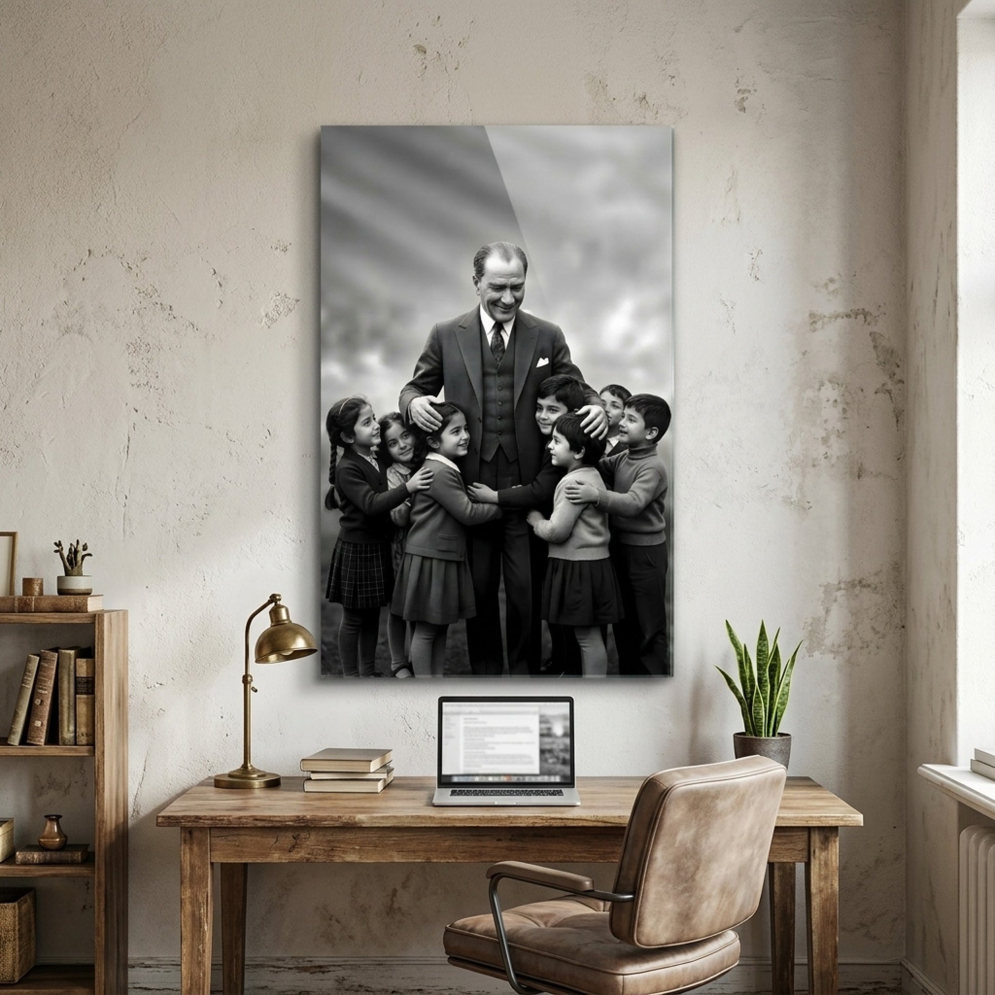 Atatürk ve Sarılan Çocuklar Dikey Cam Tablo