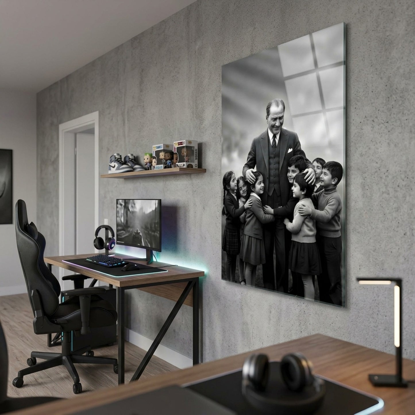 Atatürk ve Sarılan Çocuklar Dikey Cam Tablo