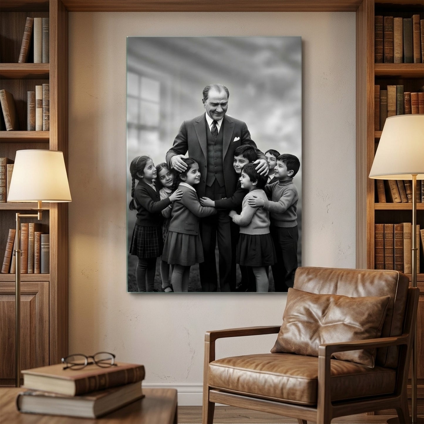 Atatürk ve Sarılan Çocuklar Dikey Cam Tablo