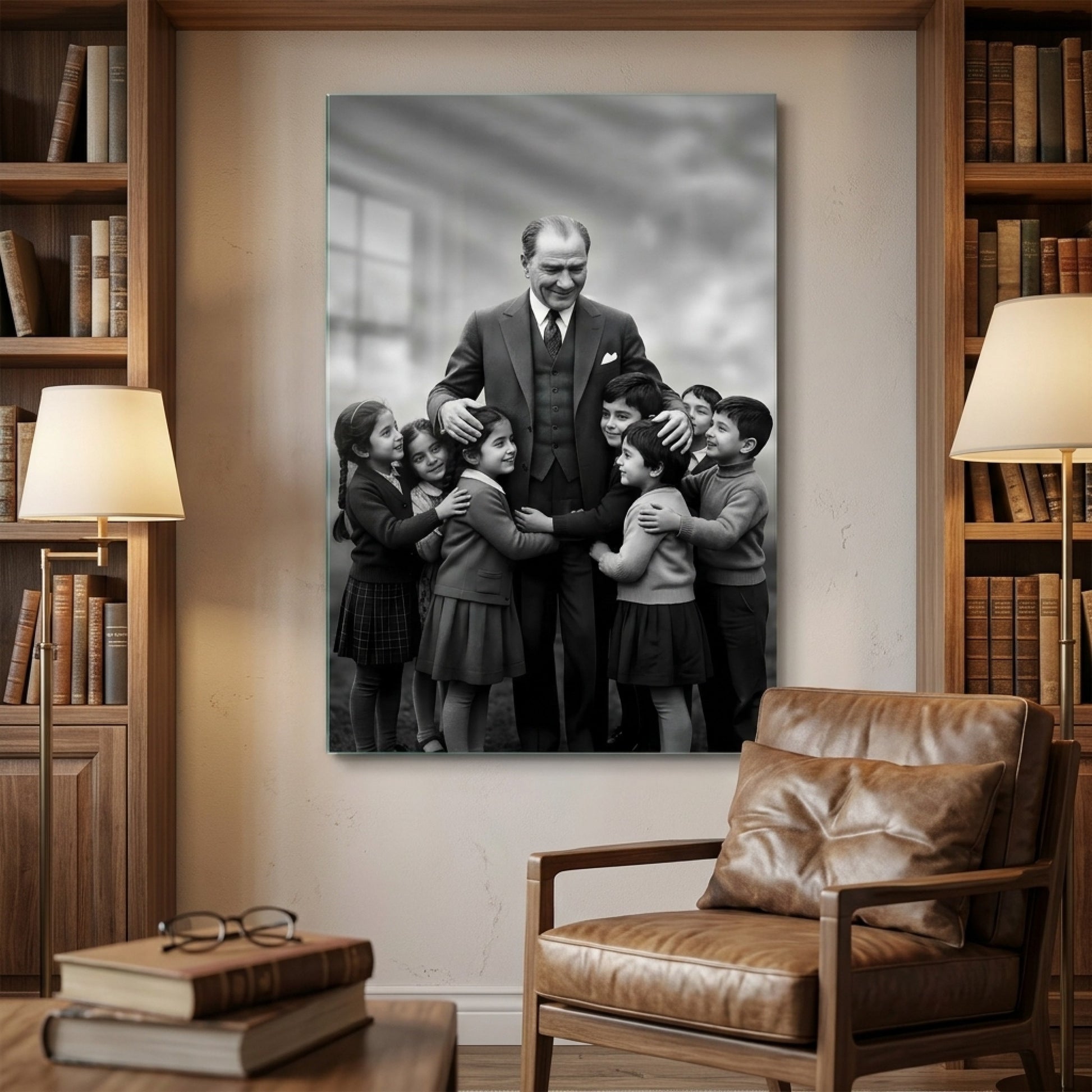 Atatürk ve Sarılan Çocuklar Dikey Cam Tablo