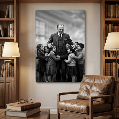 Atatürk ve Sarılan Çocuklar Dikey Cam Tablo