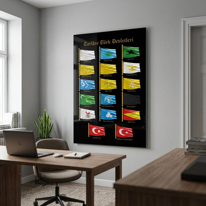 Tarihte Turk Devletleri ve Bayraklari Duvar Dekoru Dikey Cam Tablo