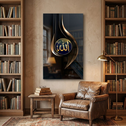 Modern Altın Kaligrafi Allah Hat Eseri Dikey Cam Tablo