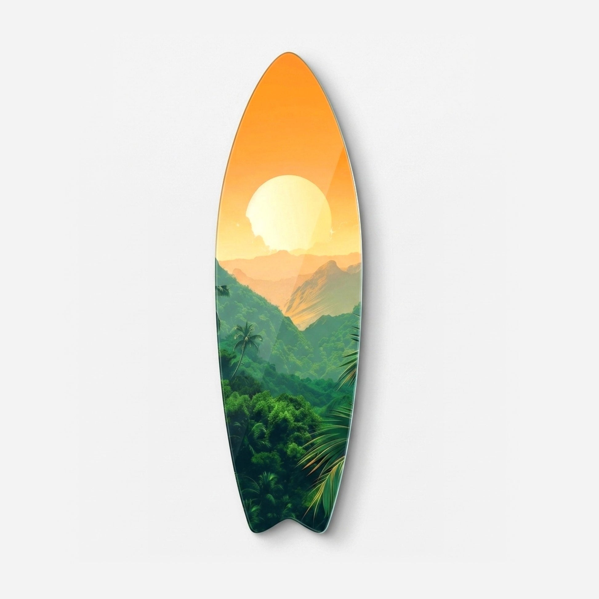 Tropik Orman Dağ Manzarası Gün Batımı Surf Board Cam Tablo