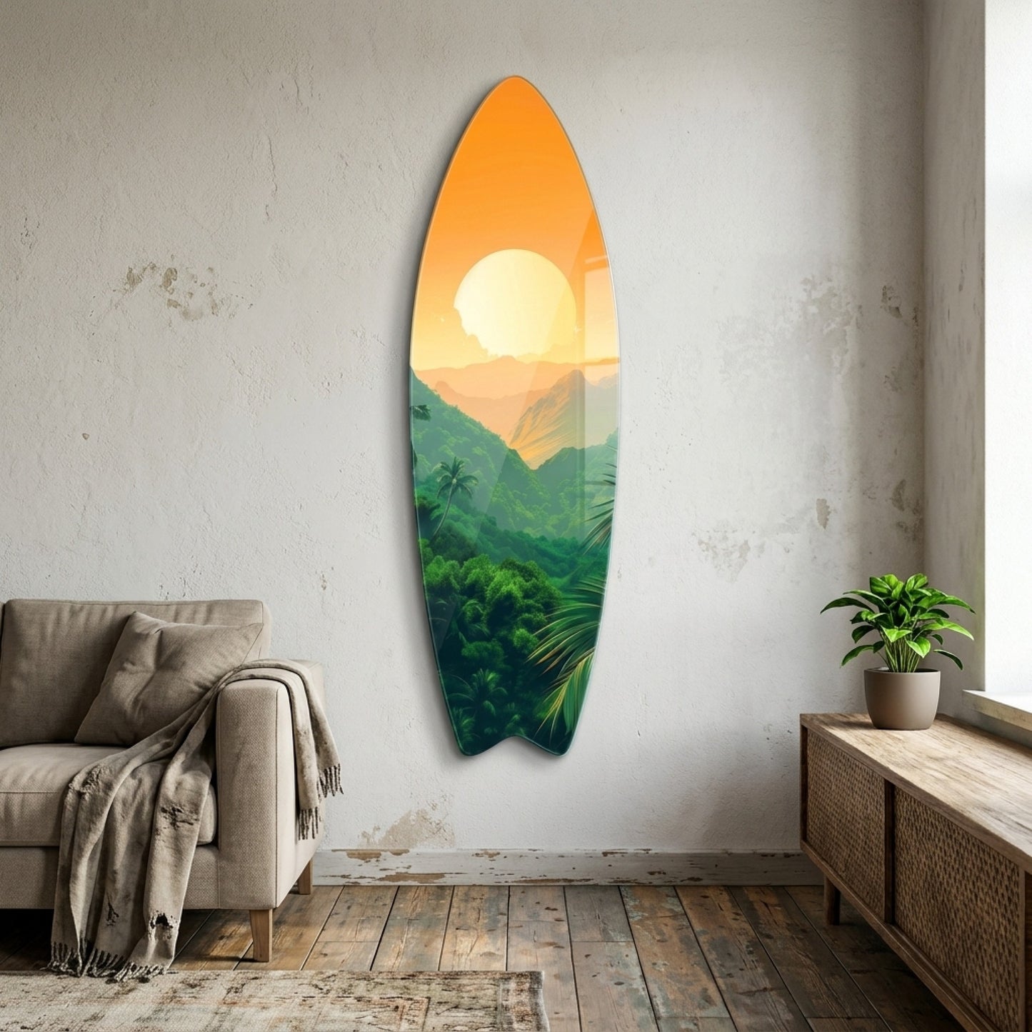 Tropik Orman Dağ Manzarası Gün Batımı Surf Board Cam Tablo