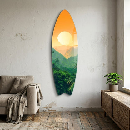 Tropik Orman Dağ Manzarası Gün Batımı Surf Board Cam Tablo