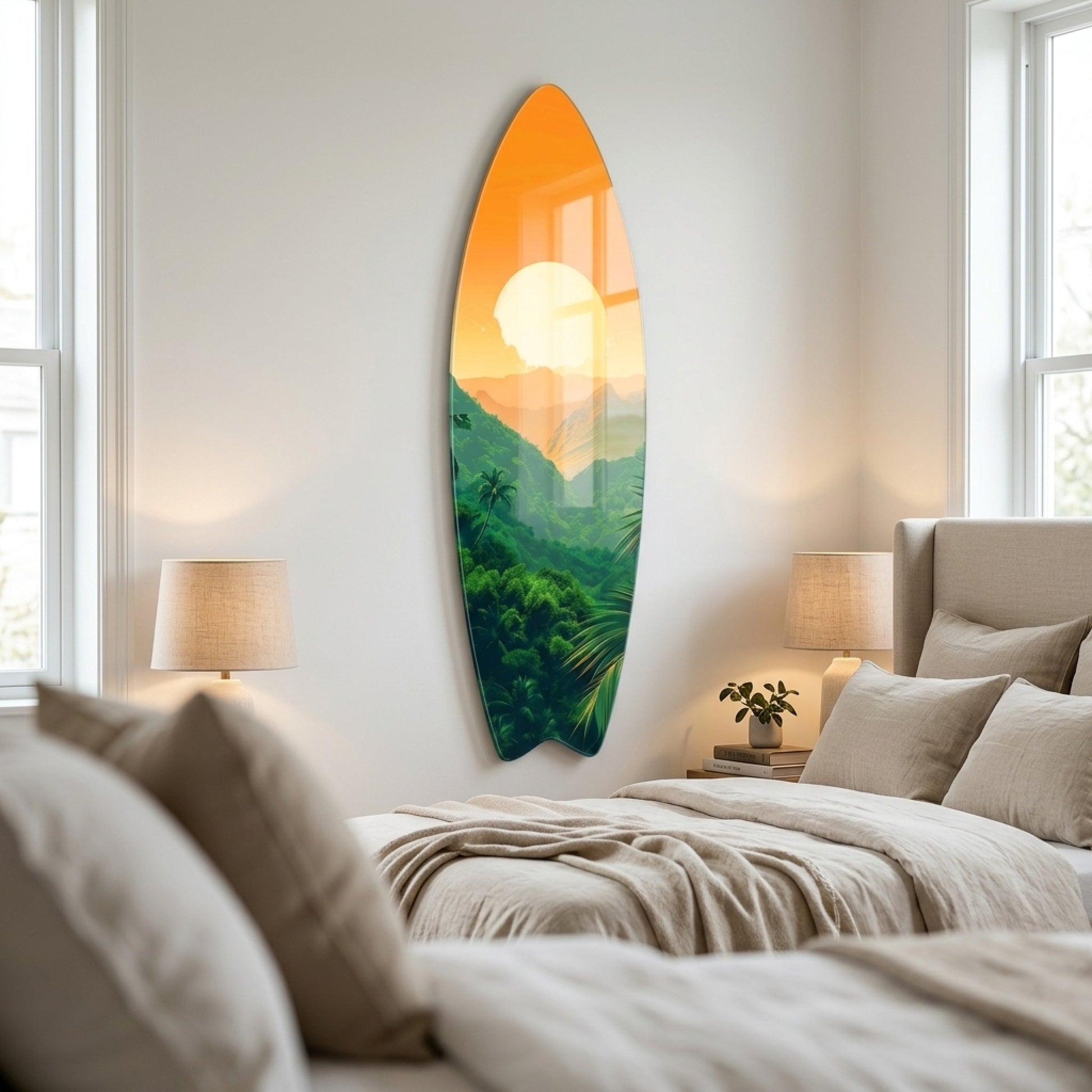 Tropik Orman Dağ Manzarası Gün Batımı Surf Board Cam Tablo