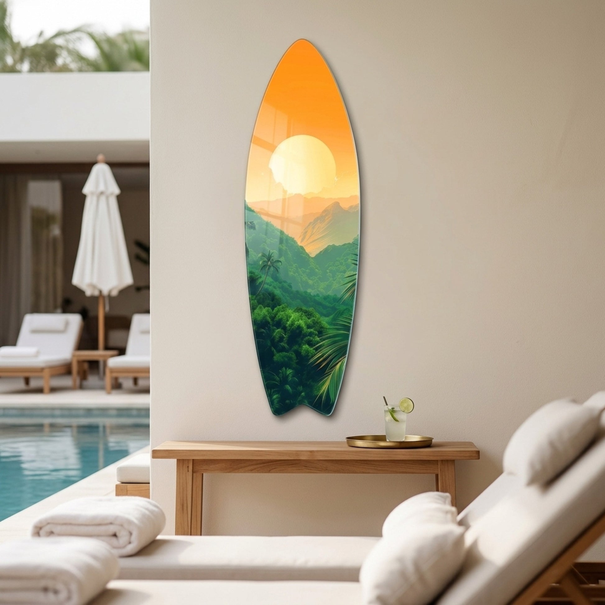 Tropik Orman Dağ Manzarası Gün Batımı Surf Board Cam Tablo