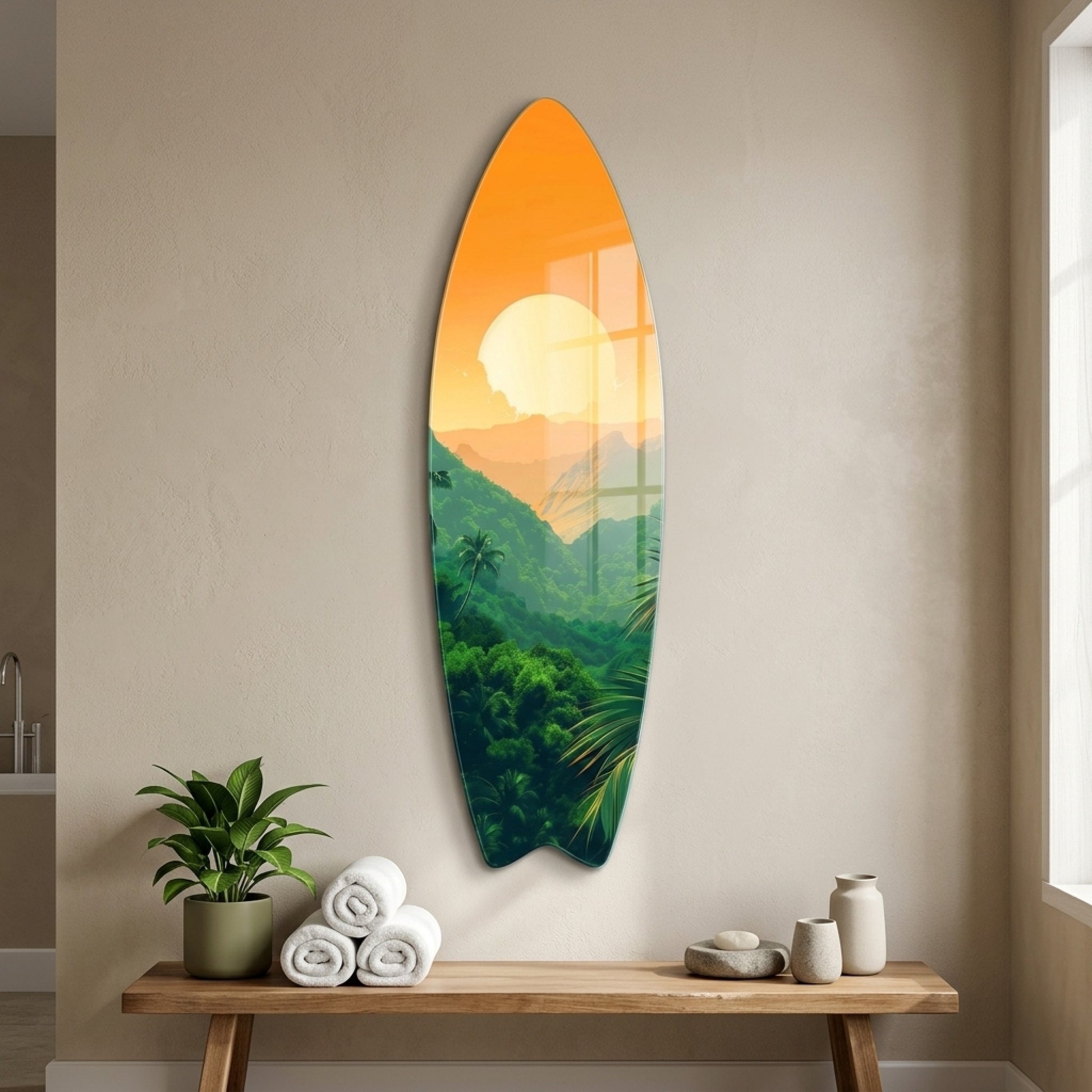 Tropik Orman Dağ Manzarası Gün Batımı Surf Board Cam Tablo