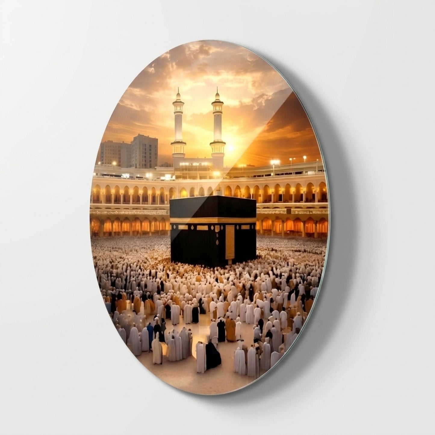 Kabe-i Muazzama ve Gunbatimi Dini Oval Dikey Cam Tablo