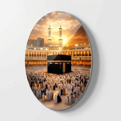 Kabe-i Muazzama ve Gunbatimi Dini Oval Dikey Cam Tablo