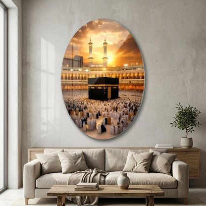Kabe-i Muazzama ve Gunbatimi Dini Oval Dikey Cam Tablo