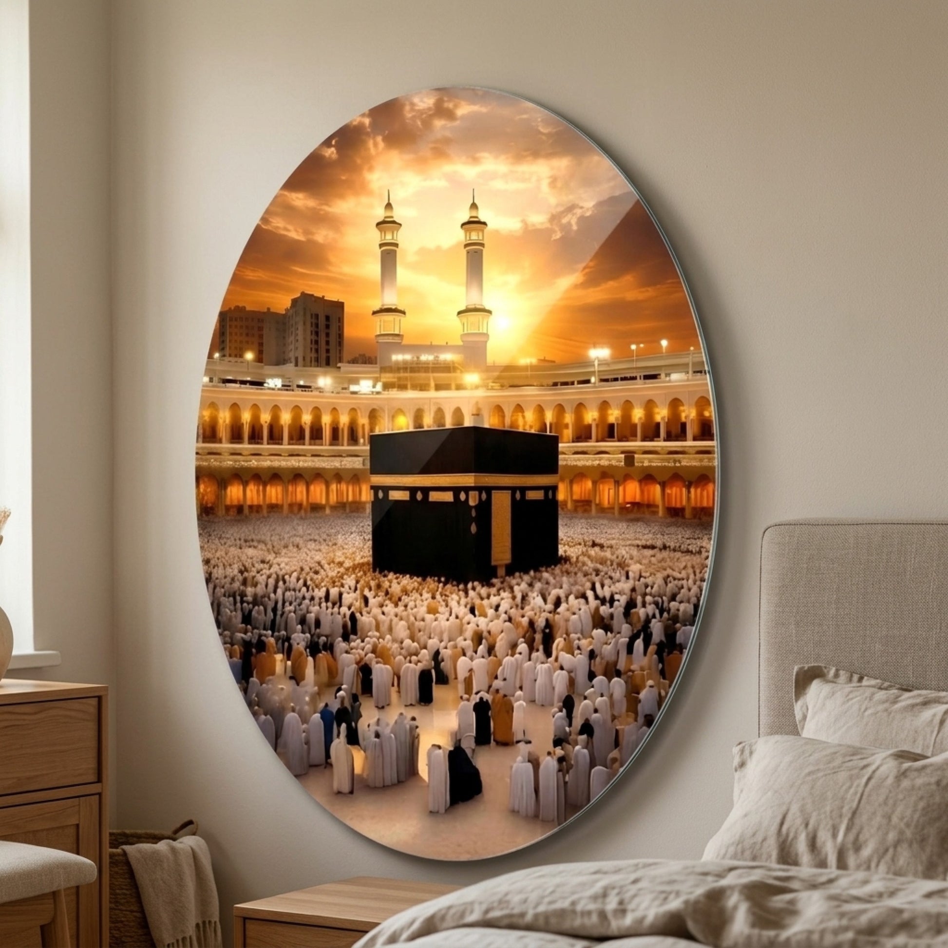 Kabe-i Muazzama ve Gunbatimi Dini Oval Dikey Cam Tablo