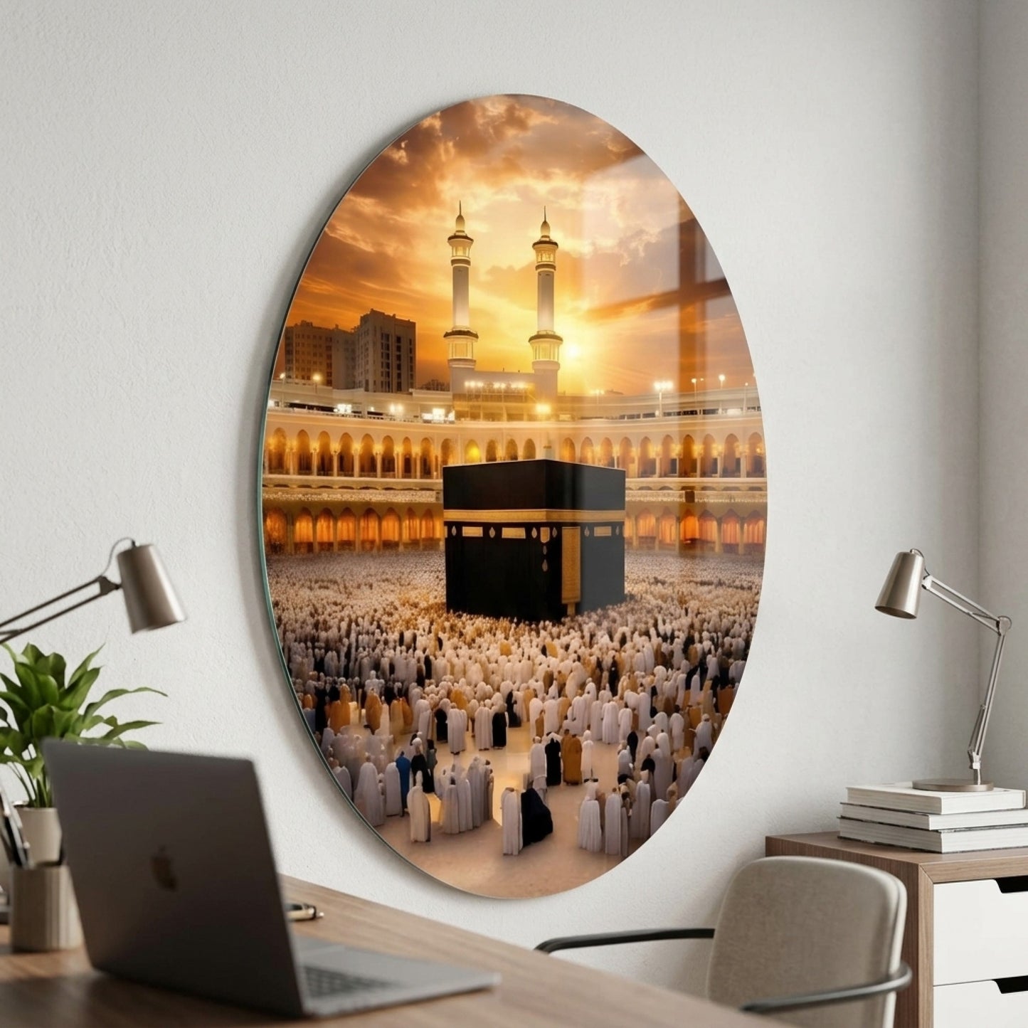 Kabe-i Muazzama ve Gunbatimi Dini Oval Dikey Cam Tablo