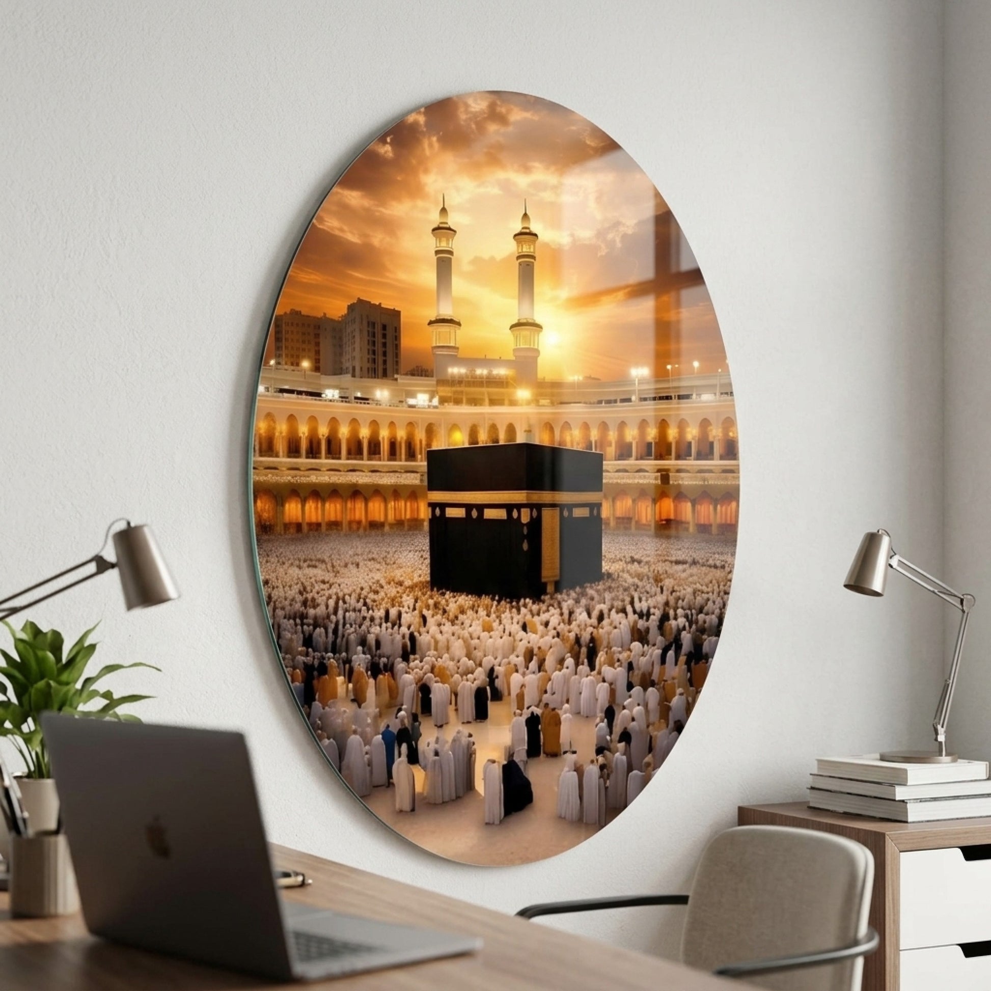 Kabe-i Muazzama ve Gunbatimi Dini Oval Dikey Cam Tablo