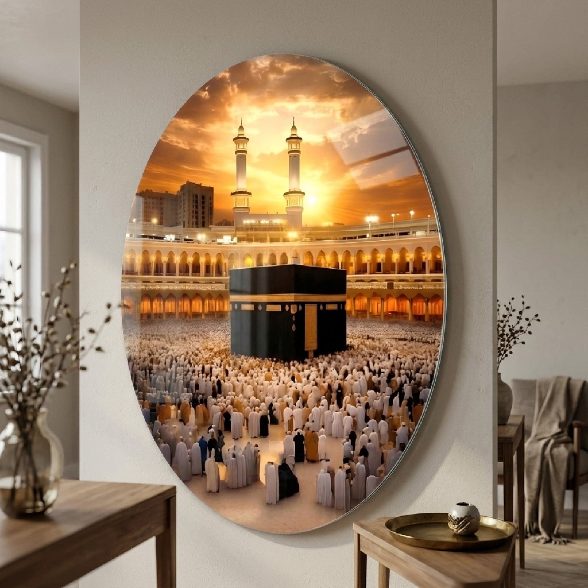 Kabe-i Muazzama ve Gunbatimi Dini Oval Dikey Cam Tablo