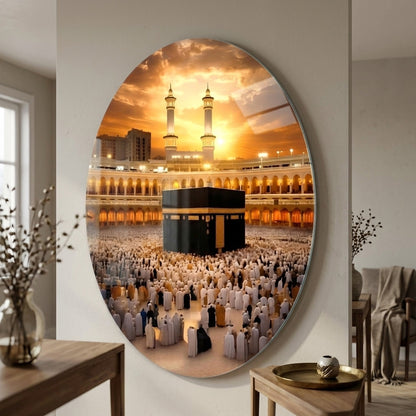 Kabe-i Muazzama ve Gunbatimi Dini Oval Dikey Cam Tablo