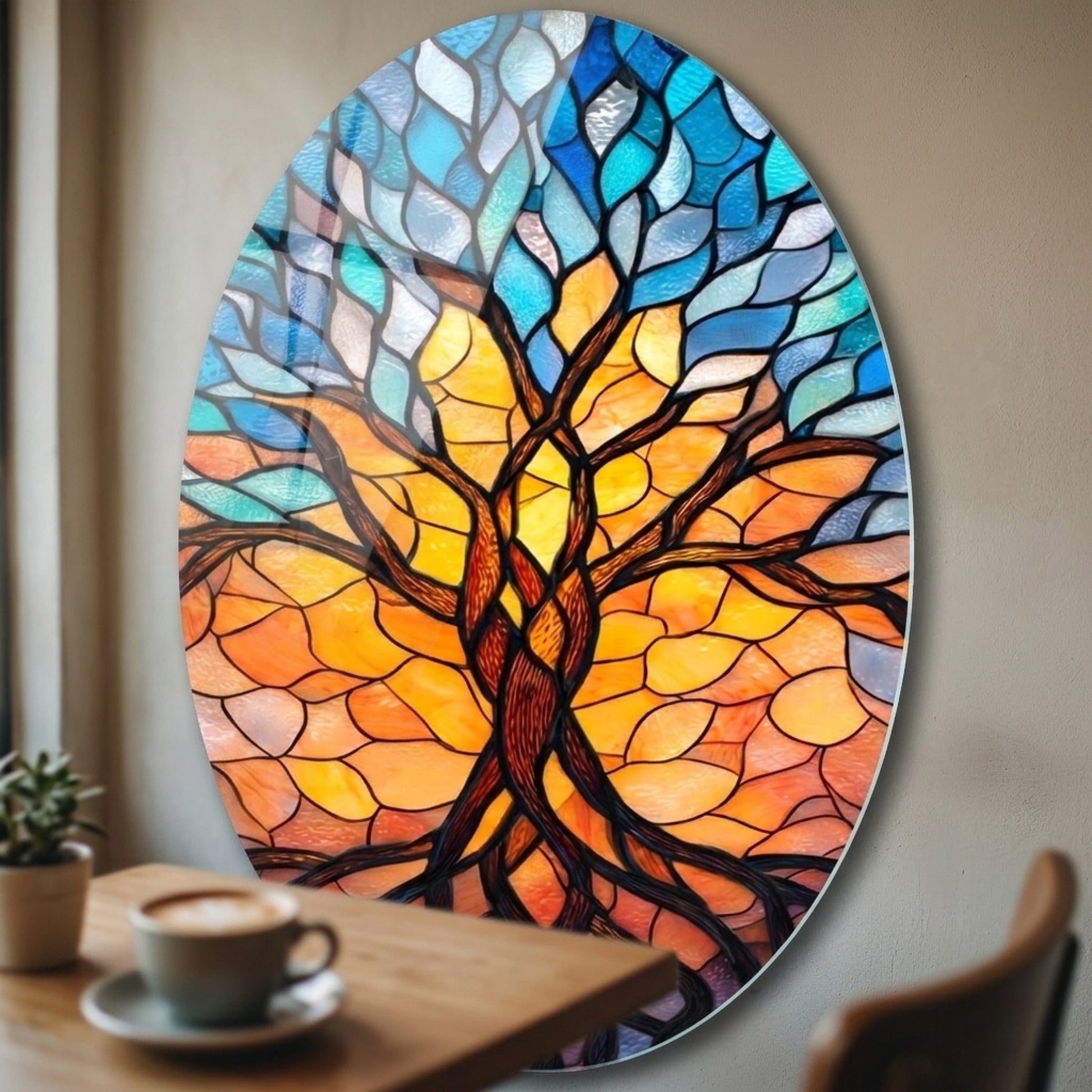 Renkli Vitray Desenli Hayat Ağacı Oval Dikey Cam Tablo